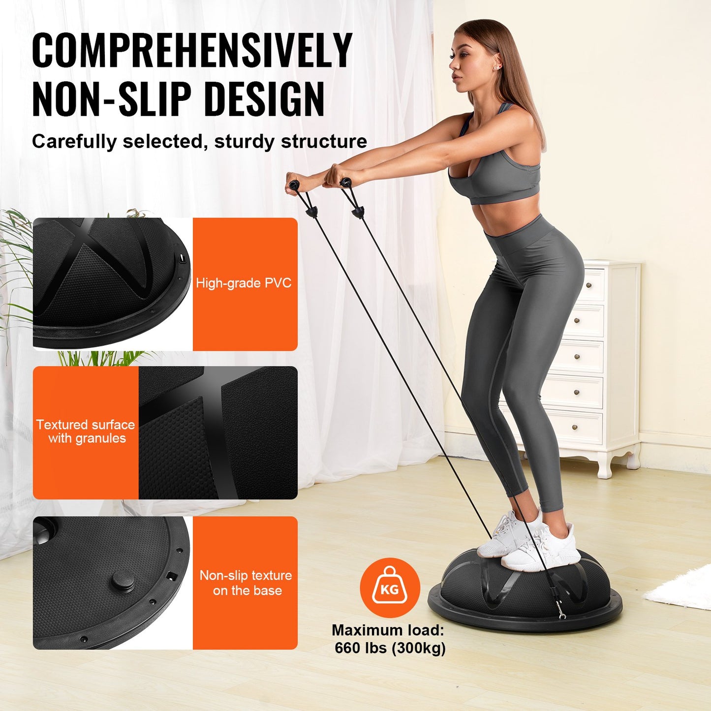 Half Balance Ball Trainer – 23" Diameter, 660 lb Capacity, Anti-Burst PVC | Black | Includes Resistance Bands & Pump