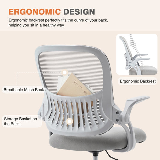 Ergonomic Mid-Back Mesh Office Chair – Lumbar Support, Flip Armrests, 250 lb Capacity, Grey