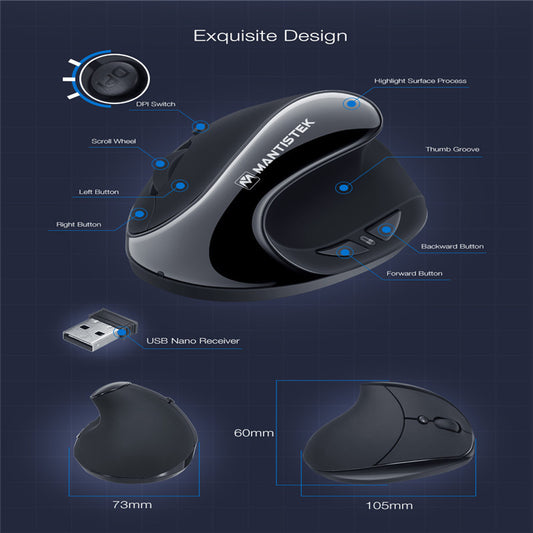 2.4G Wireless Vertical Ergonomic Mouse – 3 DPI Levels, 15m Range, 96.6g, Black