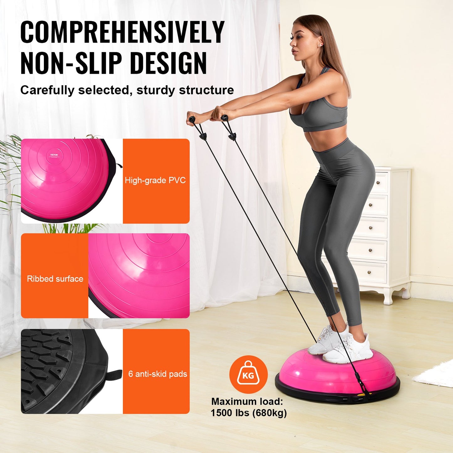 Half Balance Ball Trainer – 26" Diameter, 1500 lb Capacity, Anti-Burst PVC | Pink | 2 Resistance Bands & Foot Pump