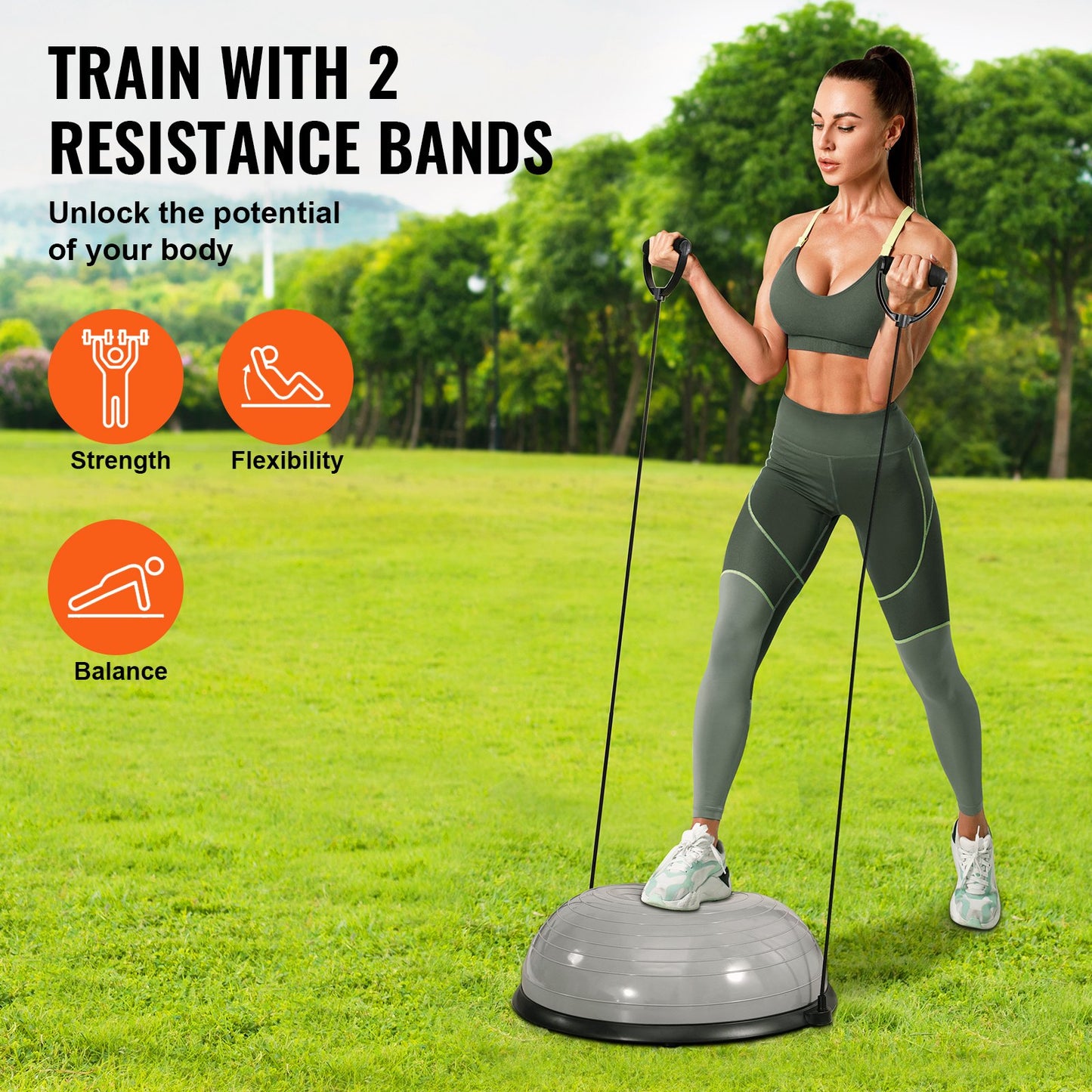 Half Balance Ball Trainer – 23" Diameter, 660 lb Capacity, Anti-Burst PVC | Gray | 2 Resistance Bands & Foot Pump
