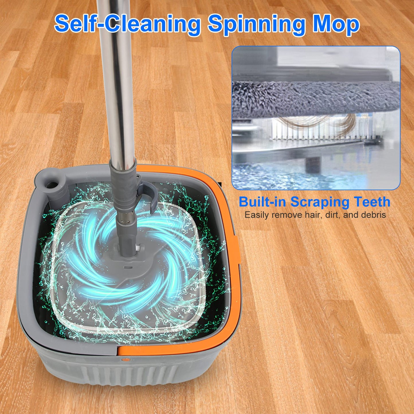 Spin Mop and Bucket System with 4 Microfiber Pads and Dual Compartment for Easy Home Floor Cleaning