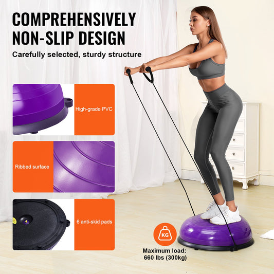 Half Balance Ball Trainer 23" – Anti-Burst, 660 lb Capacity | Purple | 2 Resistance Bands & Foot Pump