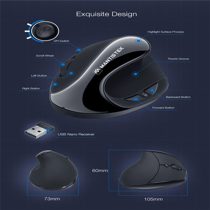 2.4G Wireless Vertical Ergonomic Mouse – 3 DPI Levels, 15m Range, 96.6g, Black