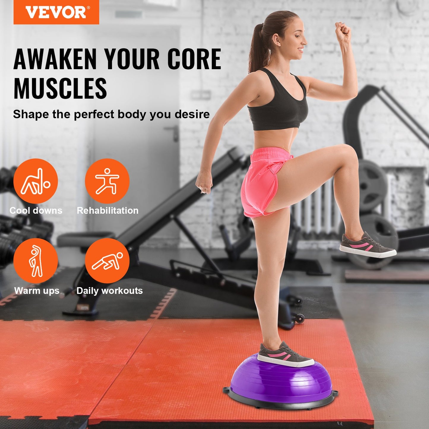 Half Balance Ball Trainer 23" – Anti-Burst, 660 lb Capacity | Purple | 2 Resistance Bands & Foot Pump