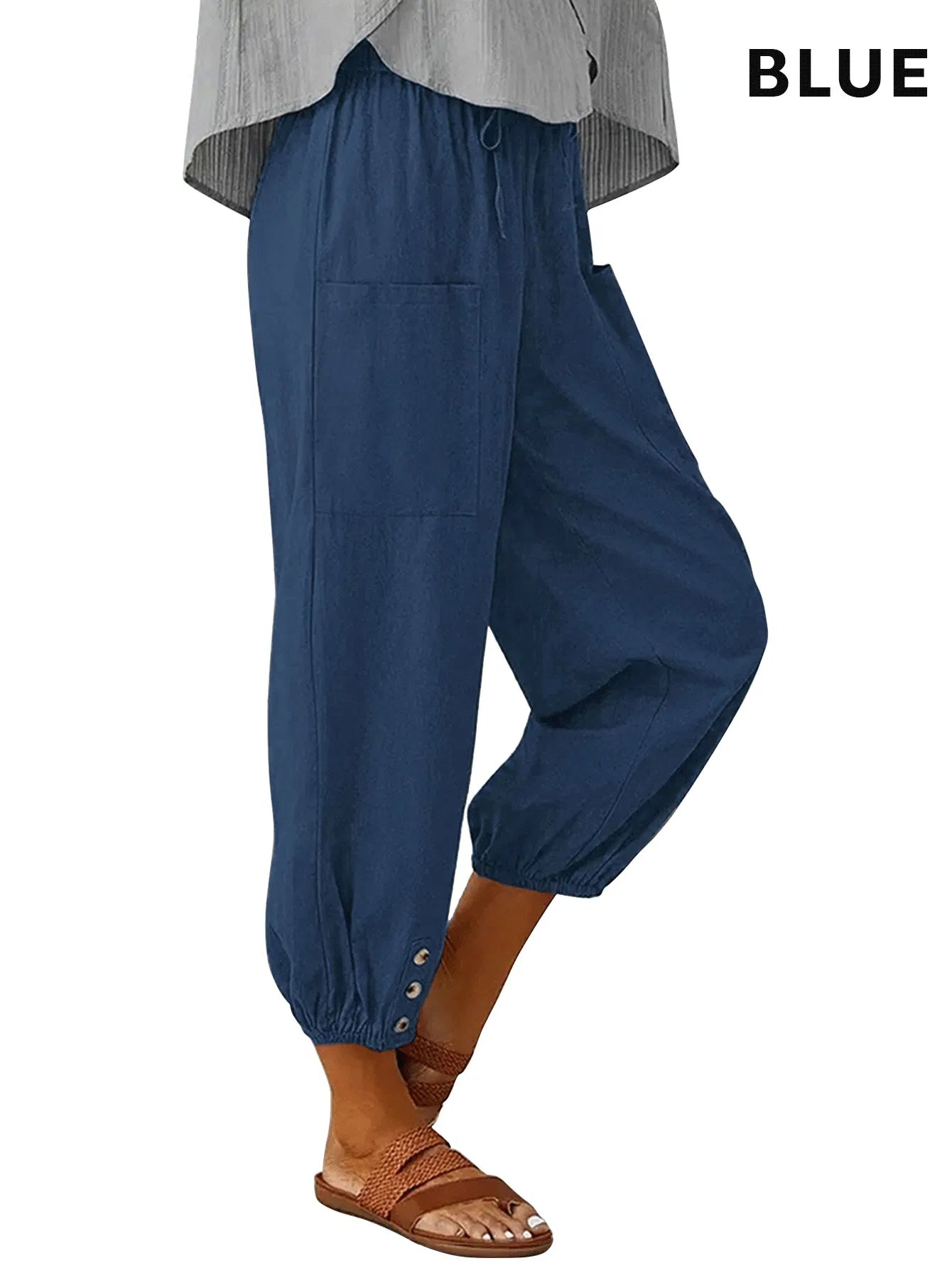 High-Waisted Button Wide-Leg Cropped Pants – Soft Drape, Casual Fit (3-Pack)