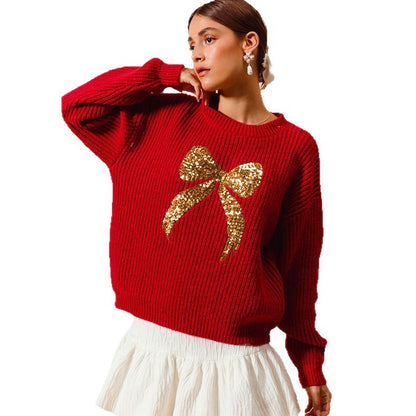 Loose-fitting Sweater With Beaded Embroidery And A Bow