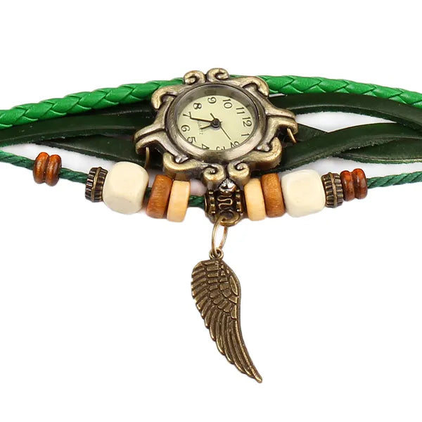 Bohemian Leather Angel Wing Watch - Hand-Woven Band