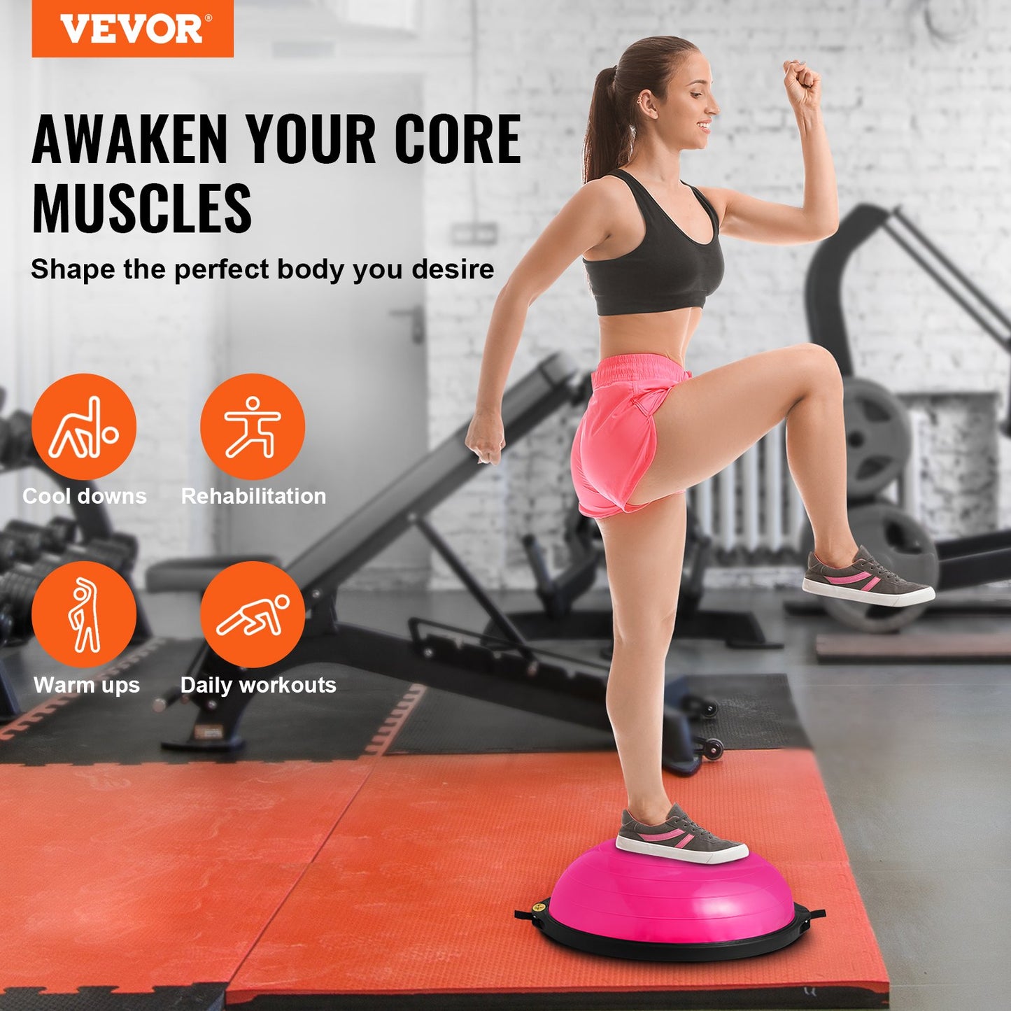 Half Balance Ball Trainer – 26" Diameter, 1500 lb Capacity, Anti-Burst PVC | Pink | 2 Resistance Bands & Foot Pump