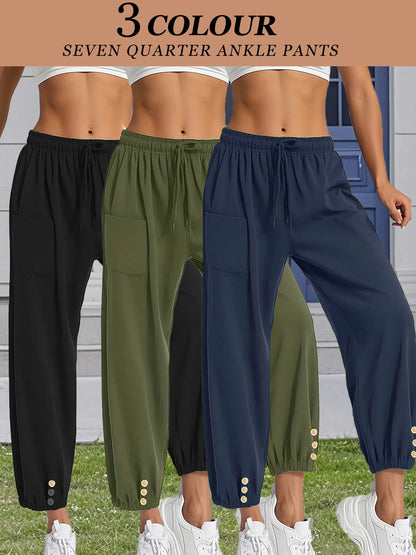 High-Waisted Button Wide-Leg Cropped Pants – Soft Drape, Casual Fit (3-Pack)
