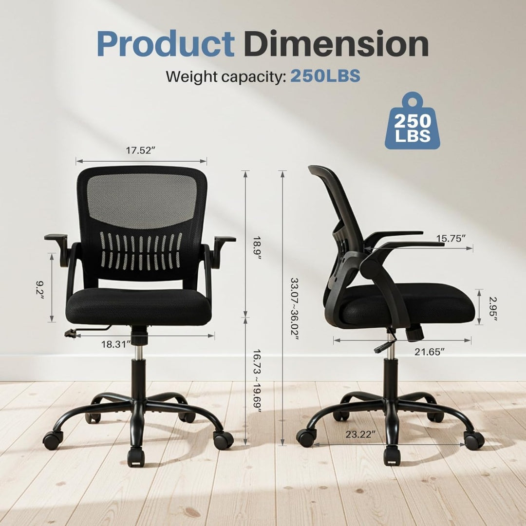 Ergonomic Mid-Back Mesh Office Chair – Lumbar Support, Flip Armrests, 250 lb Capacity, Grey