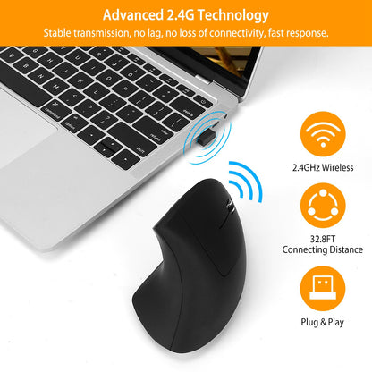 Wireless Vertical Mouse - Ergonomic 2.4G with 6 Buttons & Adjustable DPI