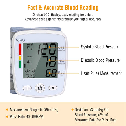 Wrist Blood Pressure Monitor with 2-in LCD, 90×2 Memory & Storage Case