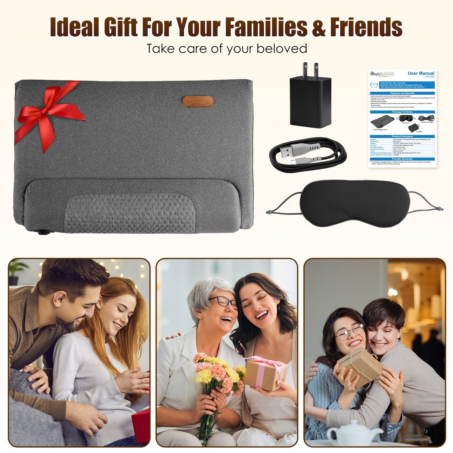 Neck Massager Pillow with Heat & Vibration – 3 Heat Levels, USB-C, 30-Min Timer, Dark Grey