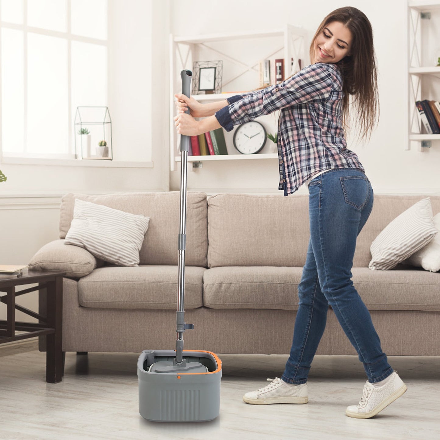 Spin Mop and Bucket System with 4 Microfiber Pads and Dual Compartment for Easy Home Floor Cleaning