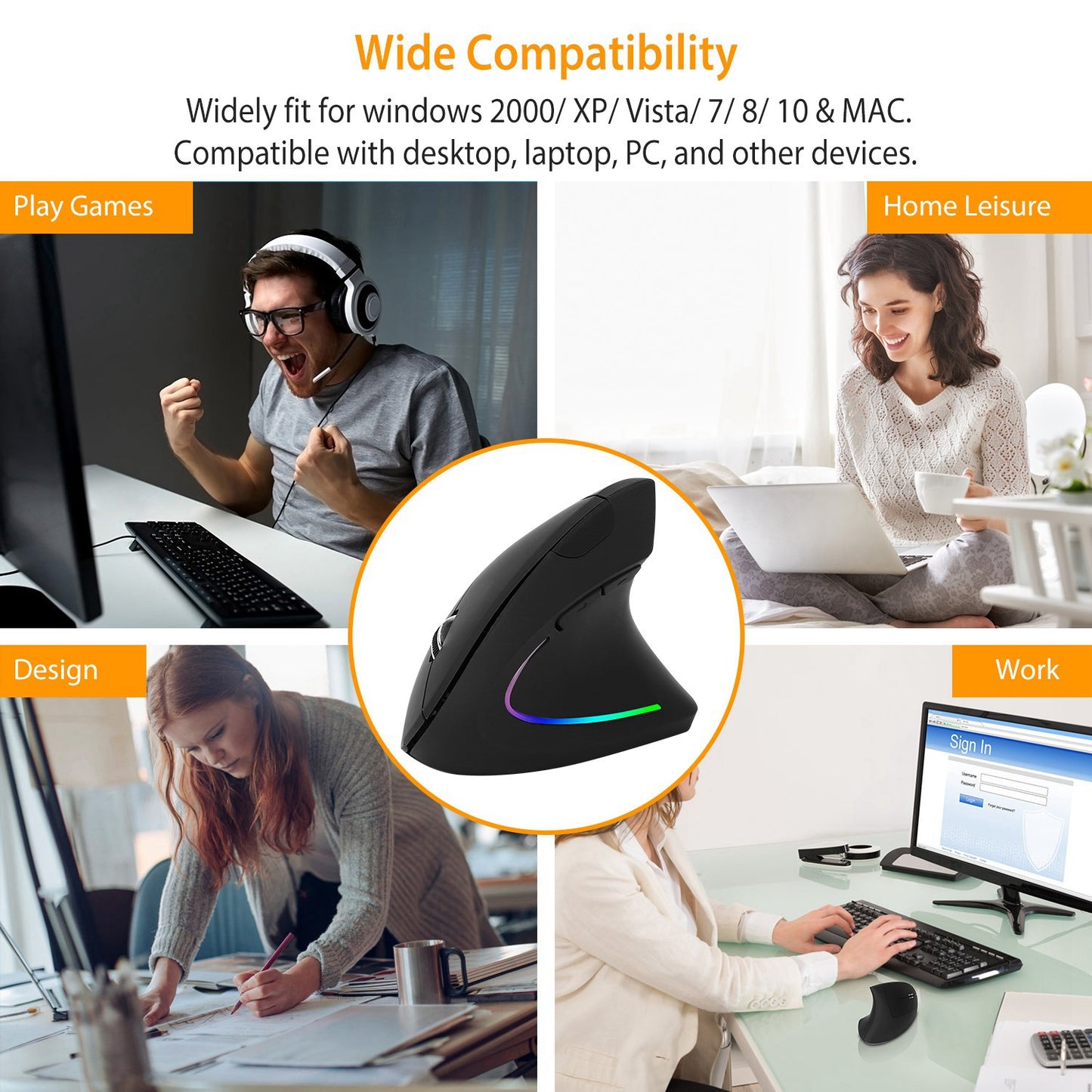 Wireless Vertical Mouse - Ergonomic 2.4G with 6 Buttons & Adjustable DPI