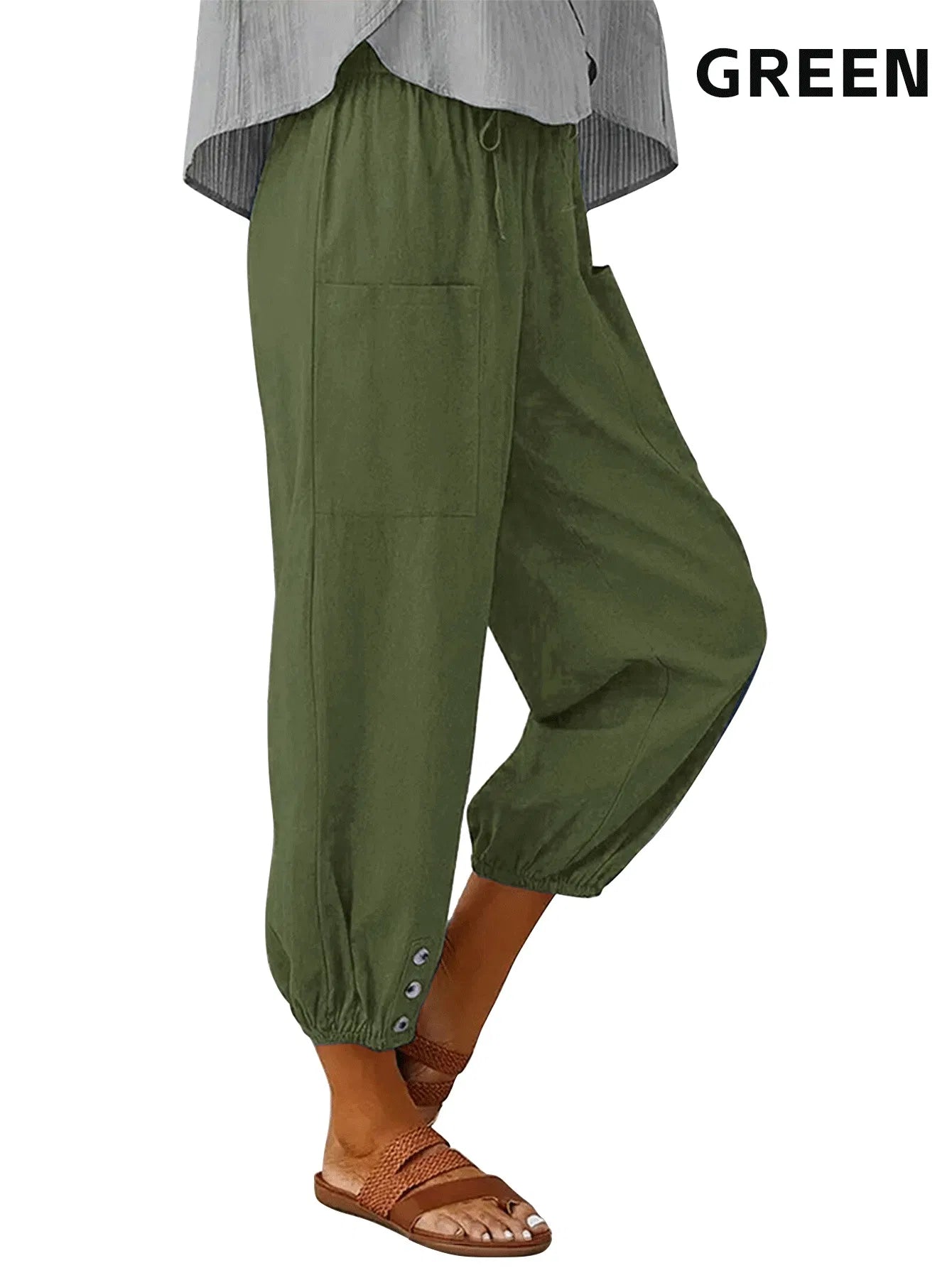 High-Waisted Button Wide-Leg Cropped Pants – Soft Drape, Casual Fit (3-Pack)