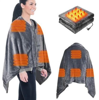 USB Heated Blanket Shawl with Zipper – 8 Heating Zones, 3 Temperature Settings, Grey