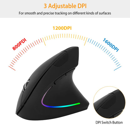 Wireless Vertical Mouse - Ergonomic 2.4G with 6 Buttons & Adjustable DPI