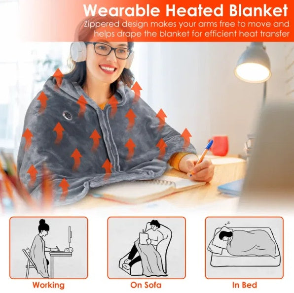USB Heated Blanket Shawl with Zipper – 8 Heating Zones, 3 Temperature Settings, Grey