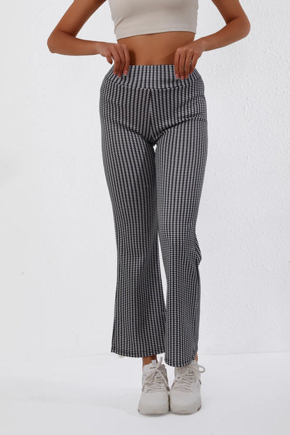High-Waisted Houndstooth Flare Trousers – Stretch Fit Women's Wide-Leg Pants