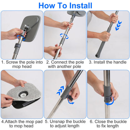 Spin Mop and Bucket System with 4 Microfiber Pads and Dual Compartment for Easy Home Floor Cleaning