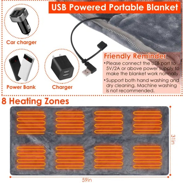 USB Heated Blanket Shawl with Zipper – 8 Heating Zones, 3 Temperature Settings, Grey