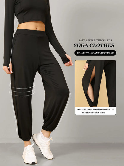 High-Slit Boho Harem Pants – Flowy Wide-Leg Yoga Pants for Women