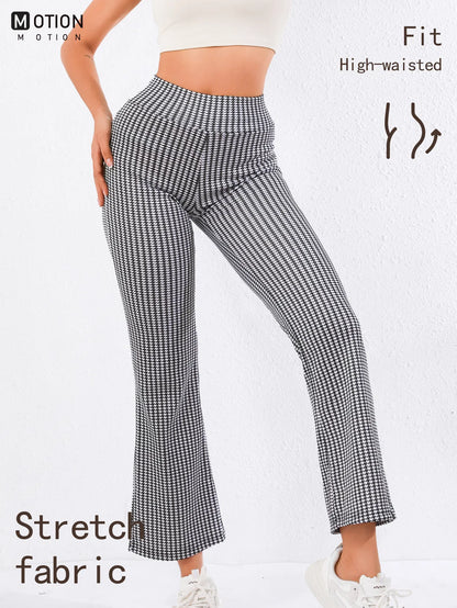 High-Waisted Houndstooth Flare Trousers – Stretch Fit Women's Wide-Leg Pants