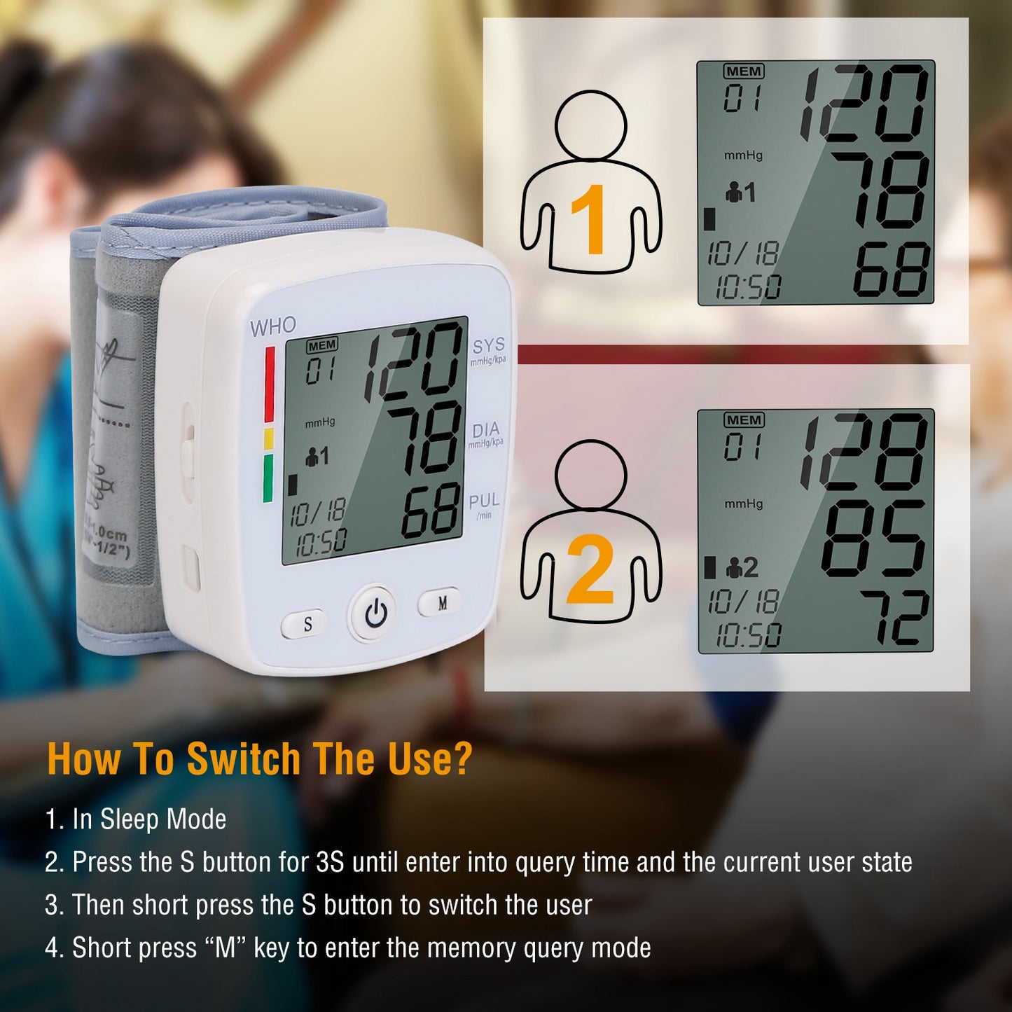 Wrist Blood Pressure Monitor with 2-in LCD, 90×2 Memory & Storage Case