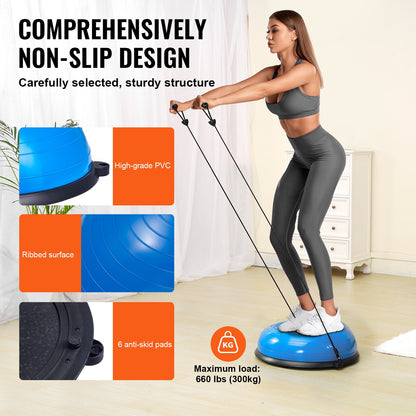 Half Balance Ball Trainer 23" – Anti-Burst, 660 lb Capacity | Blue | 2 Resistance Bands & Foot Pump