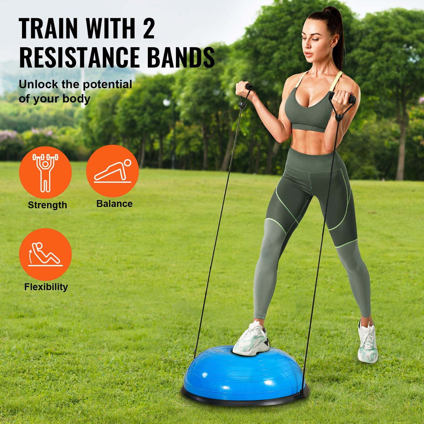 Half Balance Ball Trainer 23" – Anti-Burst, 660 lb Capacity | Blue | 2 Resistance Bands & Foot Pump