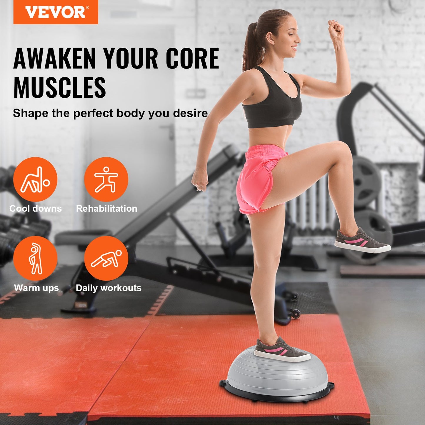 Half Balance Ball Trainer – 23" Diameter, 660 lb Capacity, Anti-Burst PVC | Gray | 2 Resistance Bands & Foot Pump