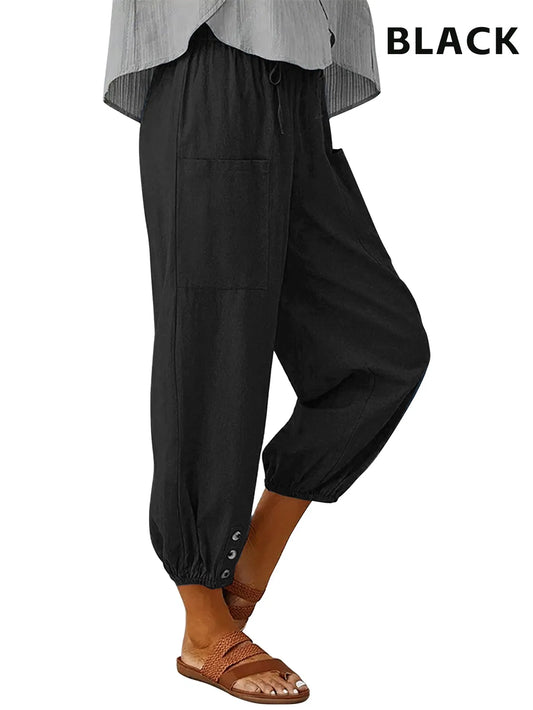 High-Waisted Button Wide-Leg Cropped Pants – Soft Drape, Casual Fit (3-Pack)