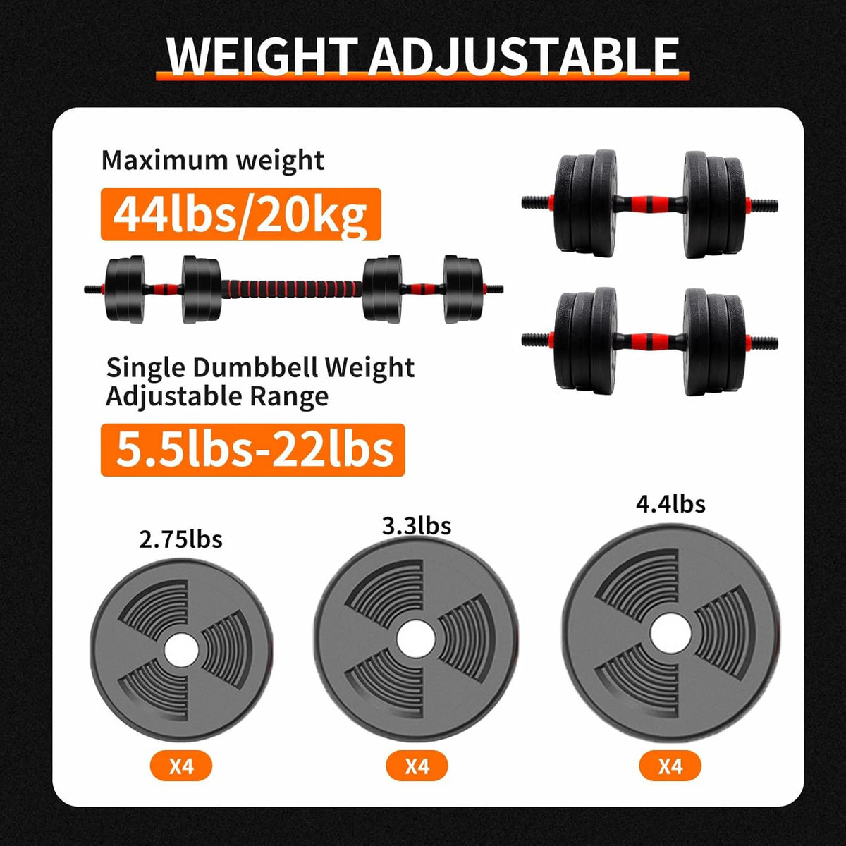 5-44 lb Adjustable Dumbbell-to-Barbell Set for Home Gym