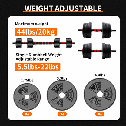 5-44 lb Adjustable Dumbbell-to-Barbell Set for Home Gym