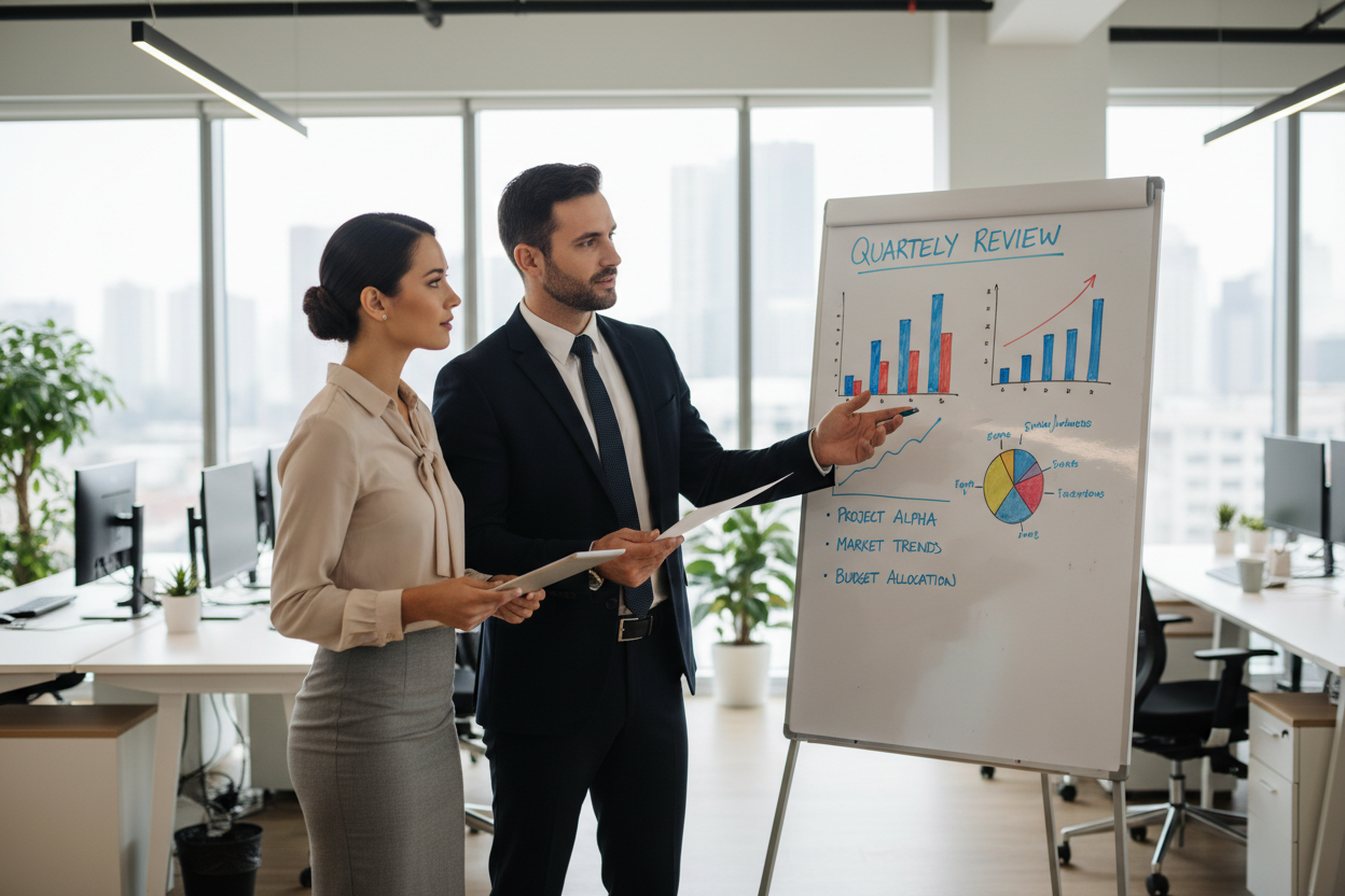 a business man and a secretary talking to each other discussing about the task and behind the is a white board with a presentation on it.