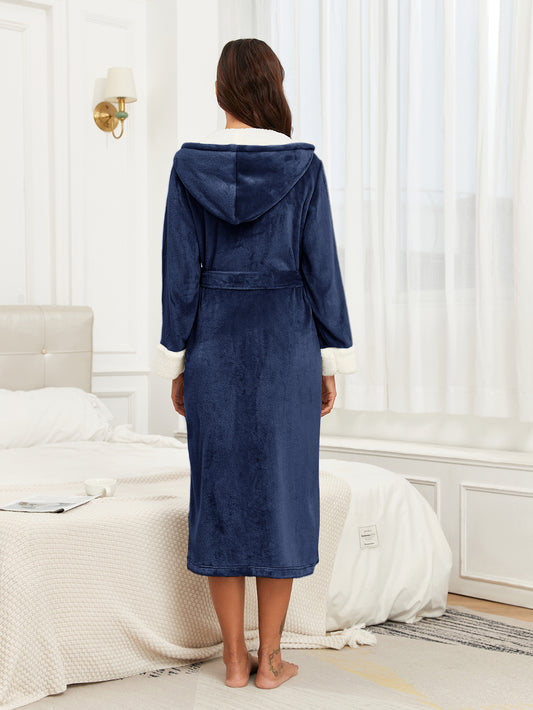 Women's Long Fleece Bathrobe with Hood - 300GSM Flannel Robe