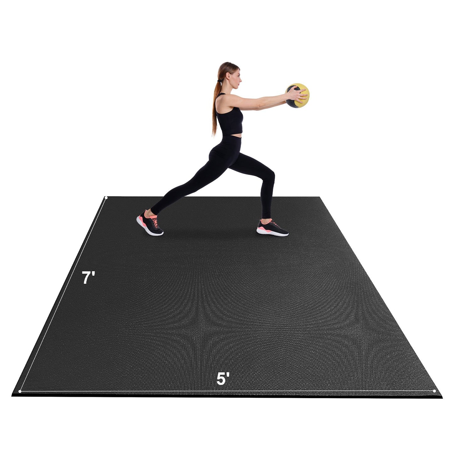 PVC Exercise Mat 7x5ft – Non-Slip, 7mm Thick | Black | Includes Bag, Towel & Carry Straps