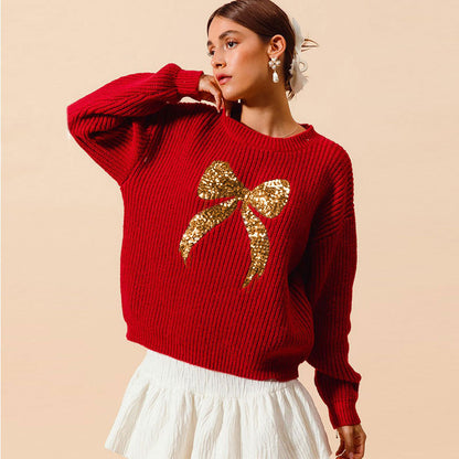 Loose-fitting Sweater With Beaded Embroidery And A Bow