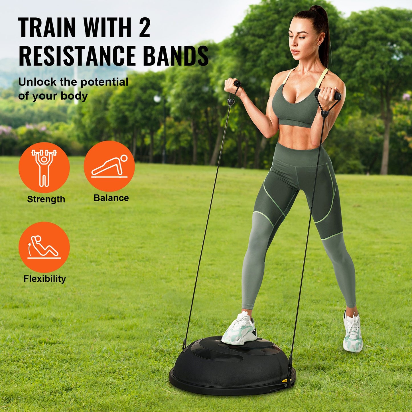 Half Balance Ball Trainer 26" – Anti-Burst, 1500 lb Capacity | Black | 2 Resistance Bands & Foot Pump