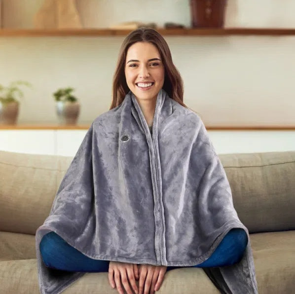USB Heated Blanket Shawl with Zipper – 8 Heating Zones, 3 Temperature Settings, Grey