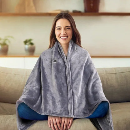 USB Heated Blanket Shawl with Zipper – 8 Heating Zones, 3 Temperature Settings, Grey