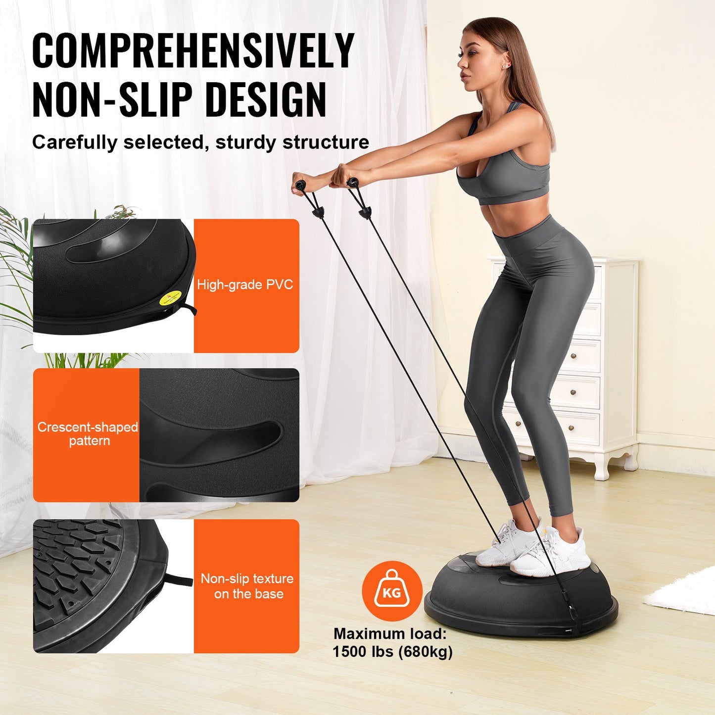 Half Balance Ball Trainer 26" – Anti-Burst, 1500 lb Capacity | Black | 2 Resistance Bands & Foot Pump