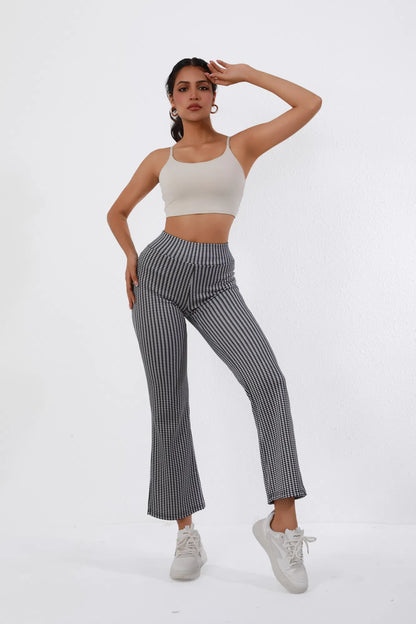 High-Waisted Houndstooth Flare Trousers – Stretch Fit Women's Wide-Leg Pants