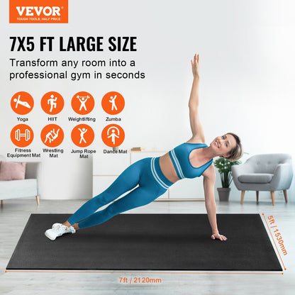 PVC Exercise Mat 7x5ft – Non-Slip, 7mm Thick | Black | Includes Bag, Towel & Carry Straps