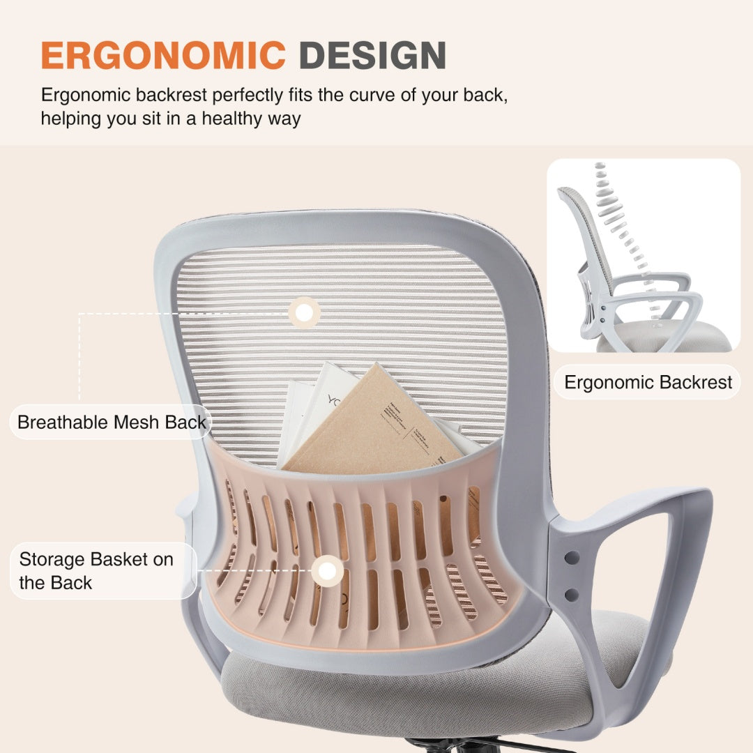 Ergonomic Mid-Back Mesh Office Chair – Lumbar Support, Fixed Armrests, 250 lb Capacity, Grey