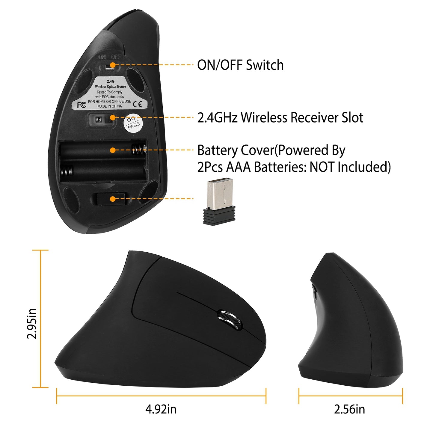 Wireless Vertical Mouse - Ergonomic 2.4G with 6 Buttons & Adjustable DPI