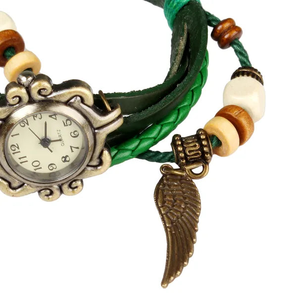 Bohemian Leather Angel Wing Watch - Hand-Woven Band