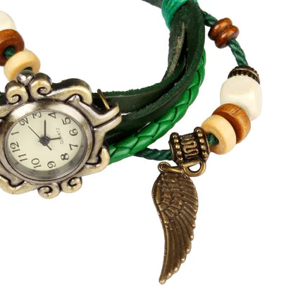Bohemian Leather Angel Wing Watch - Hand-Woven Band